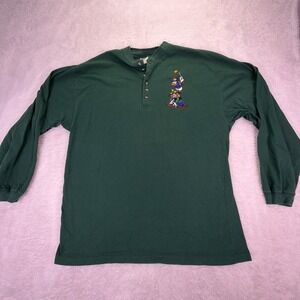 Vintage Disney Store Womens XL Green Golf Henley Top Mickey Goofy Donald Pluto